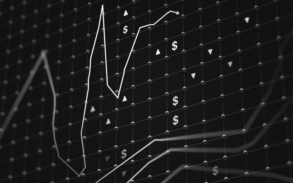Rejilla tridimensional oscura con nodos conectados, líneas de tendencia blancas que suben y bajan y símbolos de dólar, composición que sugiere movimientos financieros para el artículo Finanzas 2026: tres prioridades que ya ordenan la agenda.