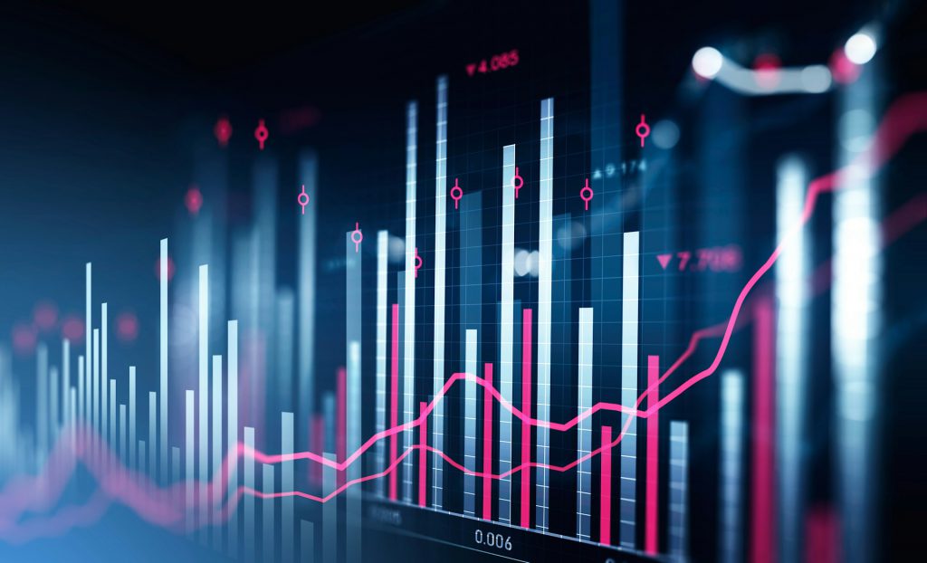 Gráficos financieros digitales para un artículo sobre upskilling en IA en servicios financieros.